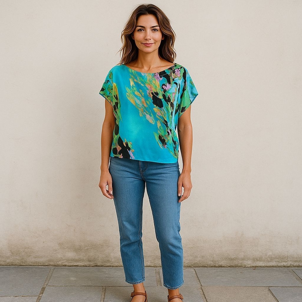 New Directions Abstract Blue Floral Blouse Size PL